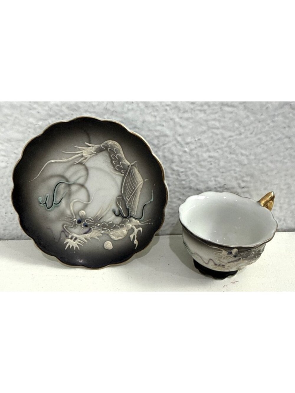 Vintage Japanese Moriage Dragonware Tea Cup Saucer Gold Lithopane 3.5"x2"